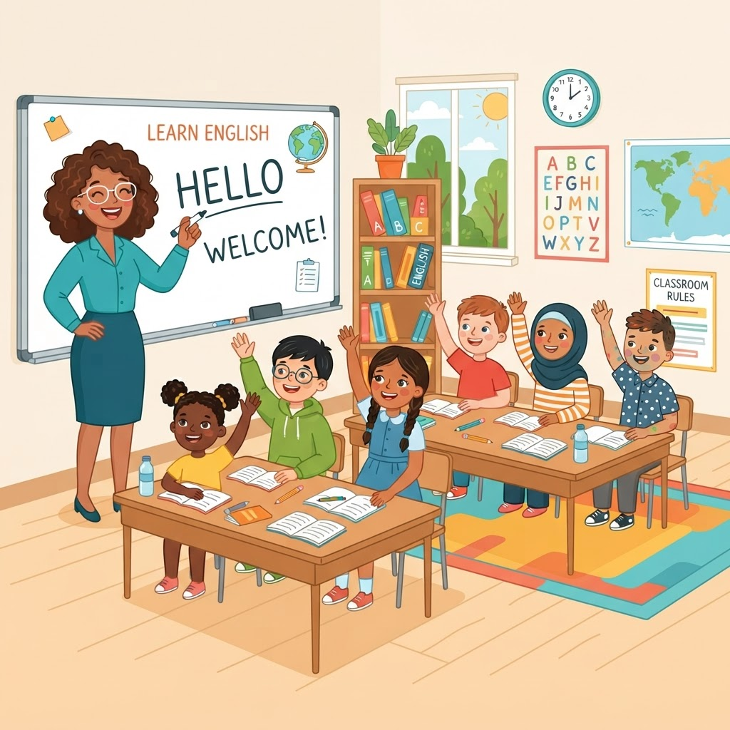 East Coast Academy classroom interior with a reception desk, decorations, and study tables