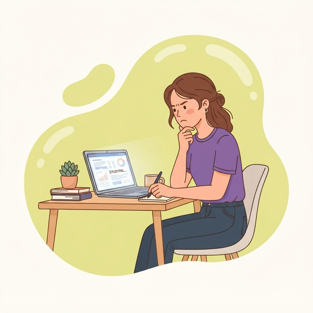 Illustration of a student studying at a laptop