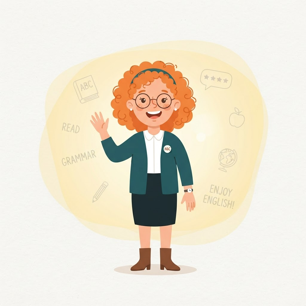 Illustration of a friendly English teacher waving